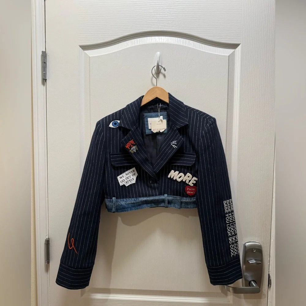 MAXMILA PARIS  Premium Crop Blazer with Embroidered Denim Trim size M NWT - Picture 8 of 8